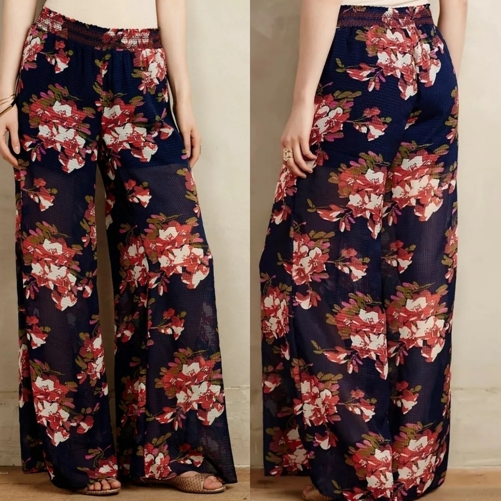 Anthropologie Elevenses Fire-Lily Wide Leg Pants Elastic Waistband Floral XS